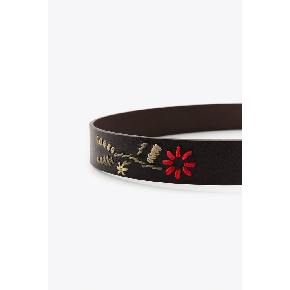 Leather Belt with Floral Embroidery Size 30 US